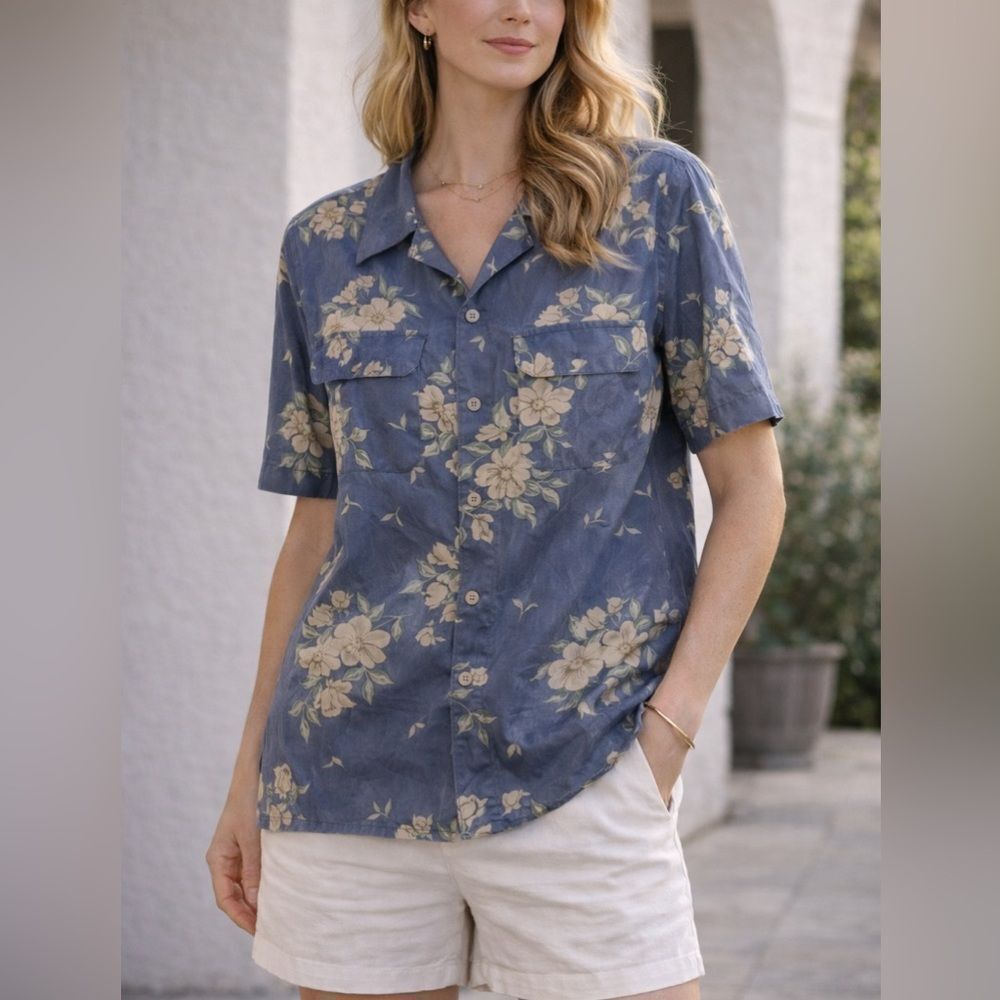 Cezar 100% Silk Floral Button Up Shirt Blue Short Sleeve Vintage Size S